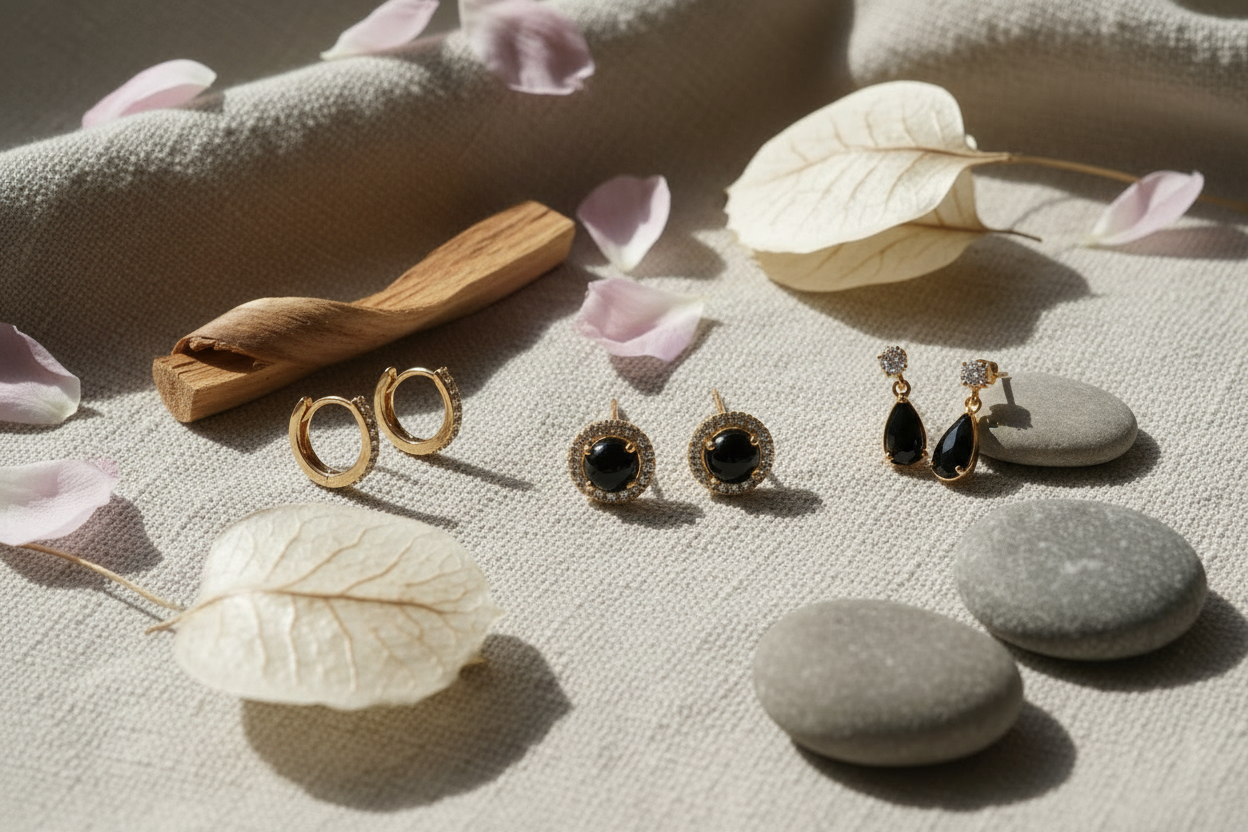 ピンクの花びら×3種のゴールドピアス
